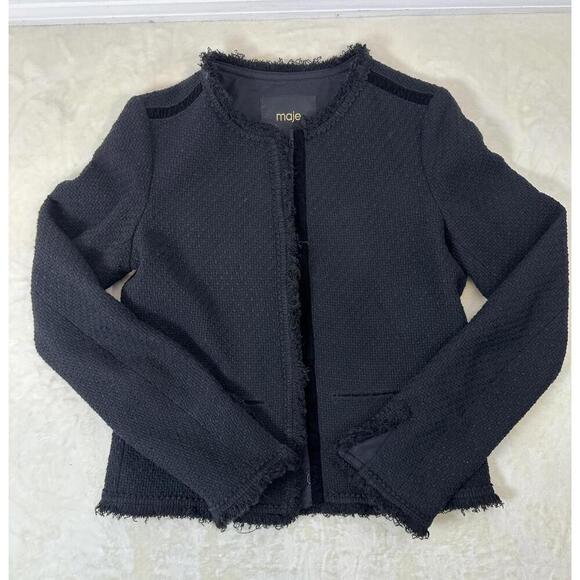 maje Jackets & Blazers - Maje Women’s Sz 36 Black Tweed Cropped Jacket Frayed Trim Classic Quiet Luxury